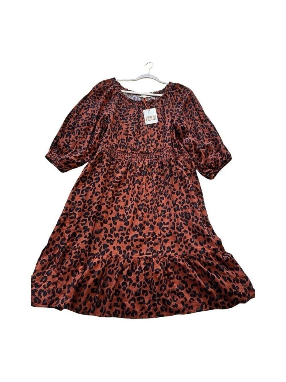 Knox Rose Animal Print Long Sleeve Smocked Midi Dress NWT